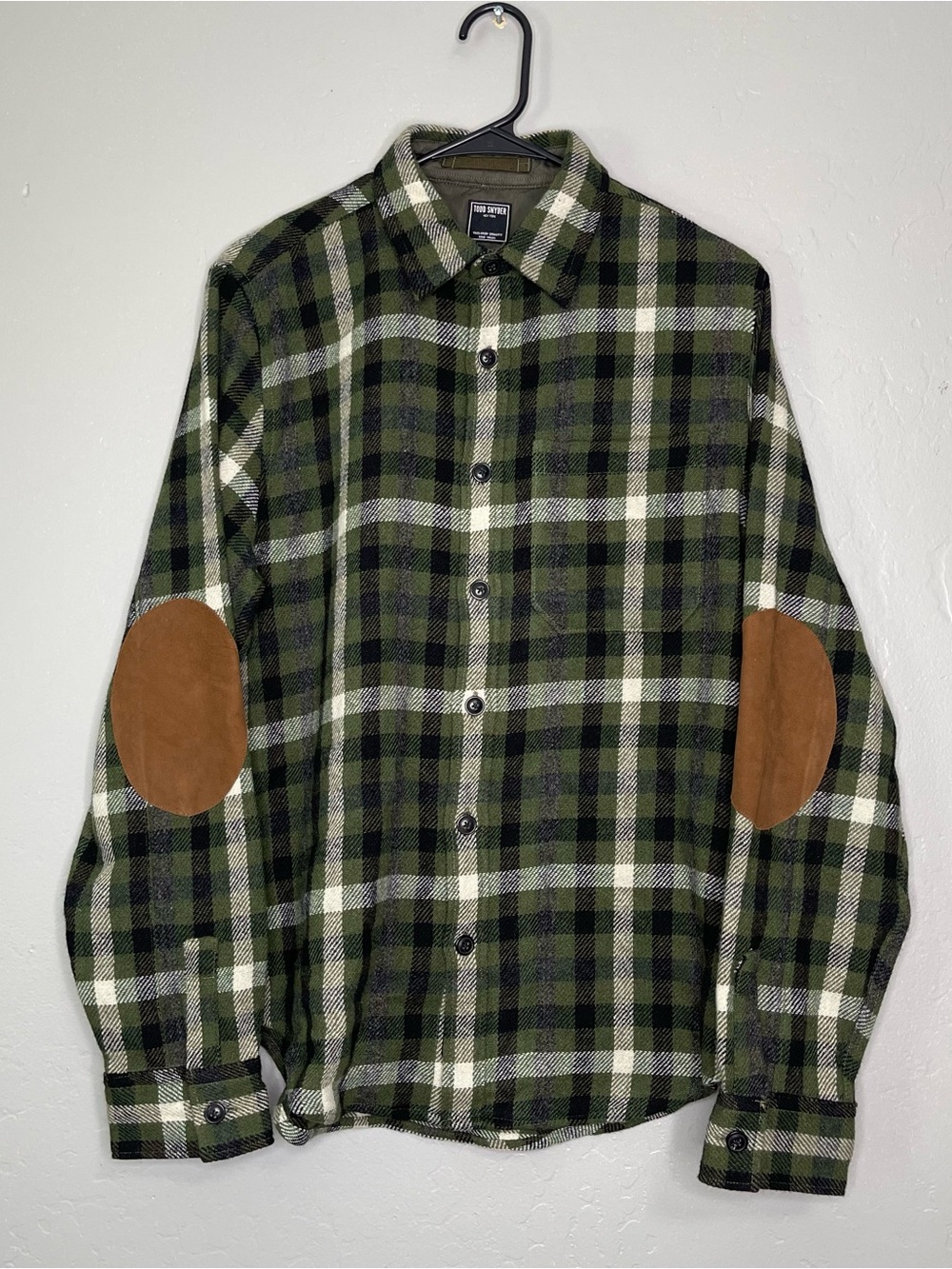 Todd Snyder Men Wool Blend Leather Suede Patch Flannel Plaid Green Shirt Sz M